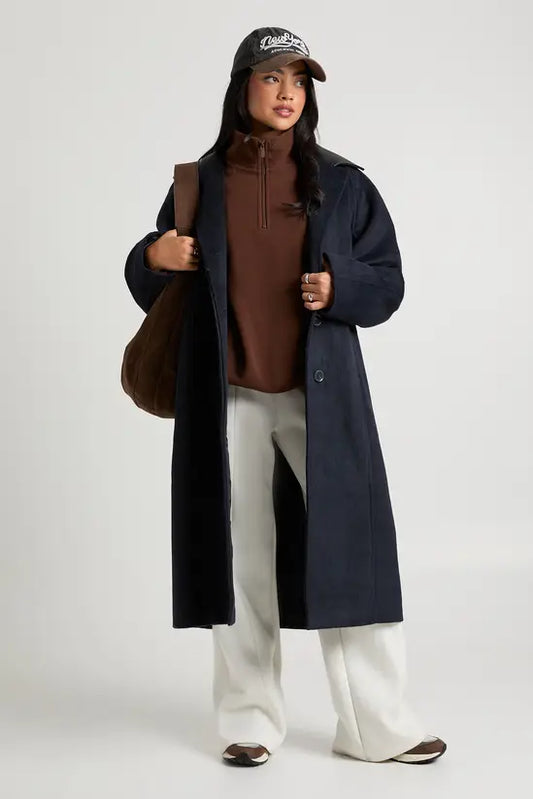 boohoo Faux Leather Collar Longline Wool Look Jacket