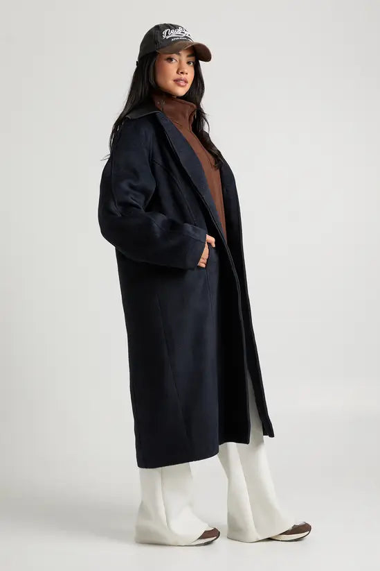 boohoo Faux Leather Collar Longline Wool Look Jacket
