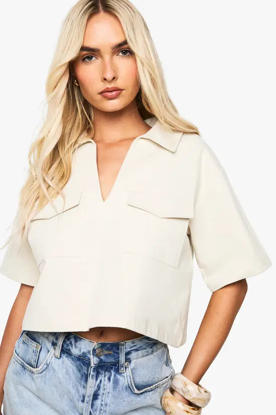 boohoo Twill Pocket Detail Crop Shirt