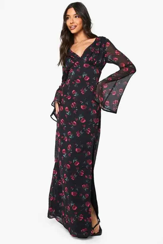 boohoo Floral Chiffon Plunge Maxi Dress