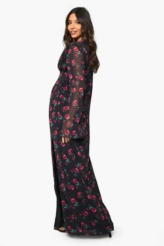 boohoo Floral Chiffon Plunge Maxi Dress