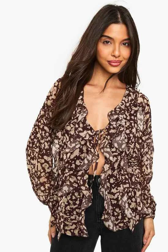 boohoo Abstract Print Chiffon Ruffle Blouse