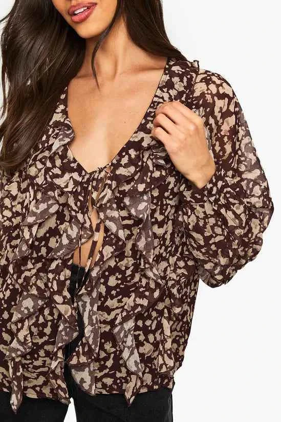 boohoo Abstract Print Chiffon Ruffle Blouse