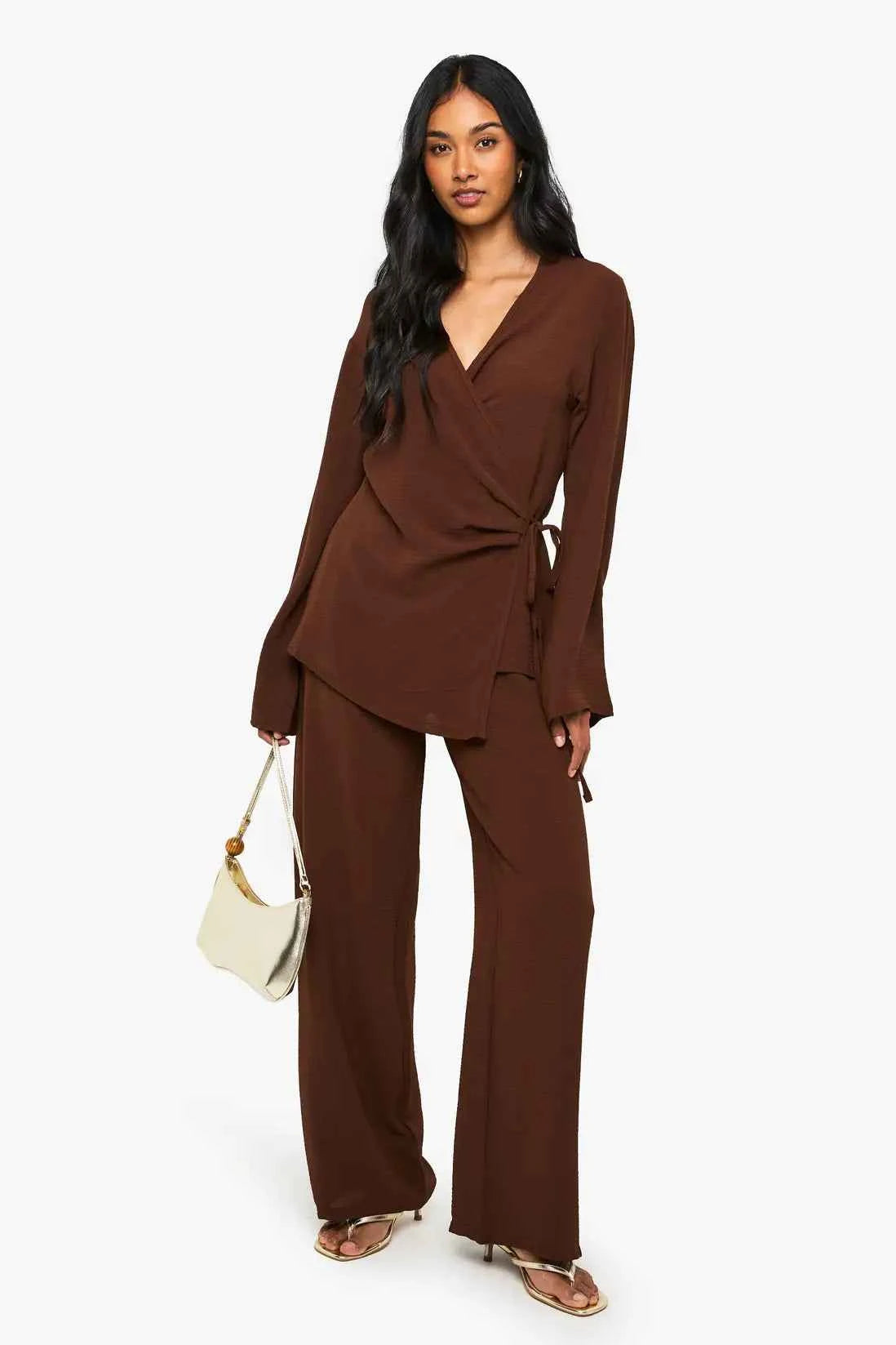 boohoo Woven Wrap Top & Trouser Set