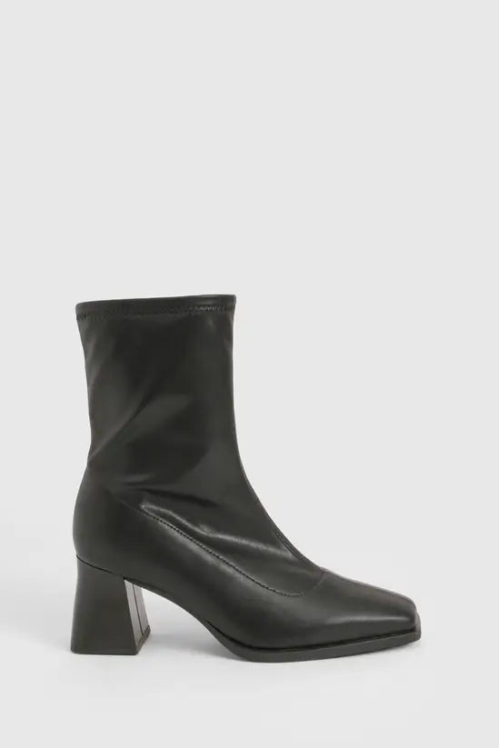 boohoo Wide Fit Flared Stacked Pointed Sock Boots