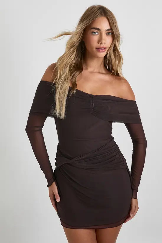 boohoo Mesh Twist Front Bardot Mini Dress