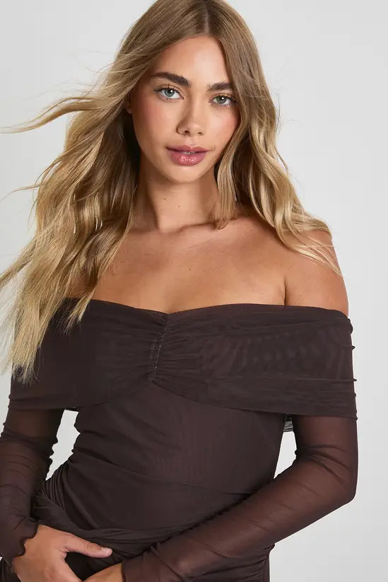 boohoo Mesh Twist Front Bardot Mini Dress