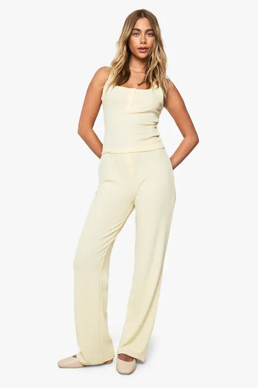 boohoo Ribbed Henley Button Sleeveless Tank And Straight Leg Trouser Co-ord SET