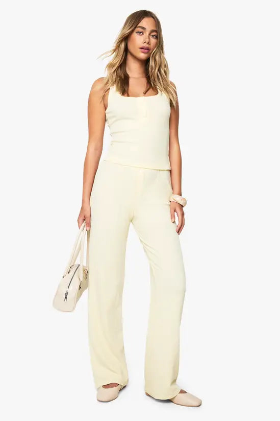 boohoo Ribbed Henley Button Sleeveless Tank And Straight Leg Trouser Co-ord SET