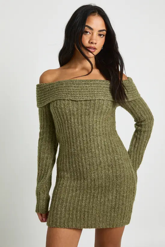 boohoo Chunky Knit Bardot Mini Dress