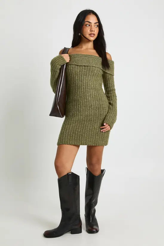boohoo Chunky Knit Bardot Mini Dress