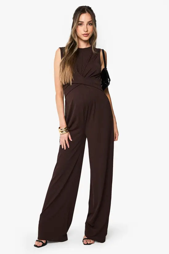 boohoo Maternity Rib Sleeveless Knot Detail Lounge Jumpsuit