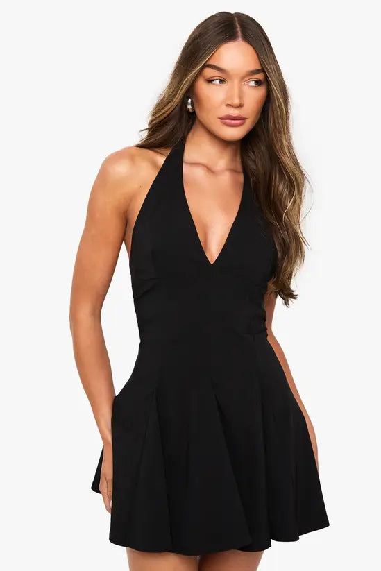 boohoo Bengaline Halterneck Pleated Skater Dress