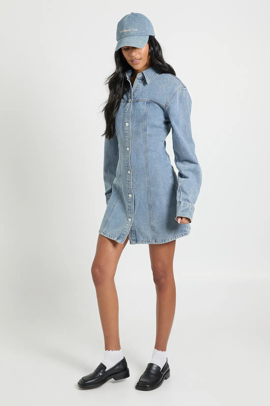 boohoo Tall Long Sleeve Cinched Waist Denim Dress