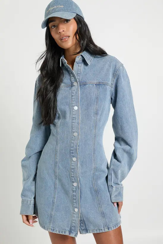 boohoo Tall Long Sleeve Cinched Waist Denim Dress