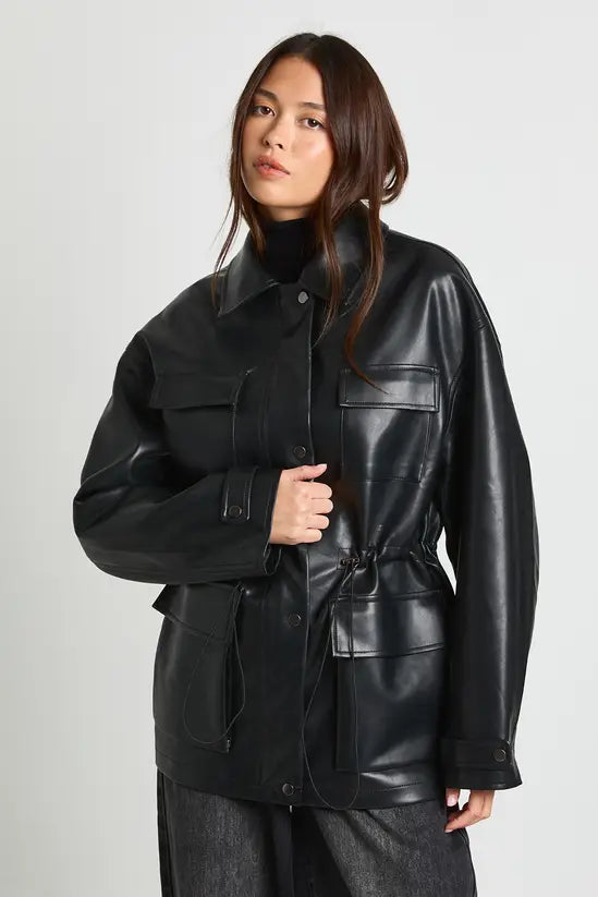 boohoo Faux Leather Pocket Detail Cinch Waist Jacket