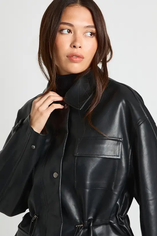 boohoo Faux Leather Pocket Detail Cinch Waist Jacket