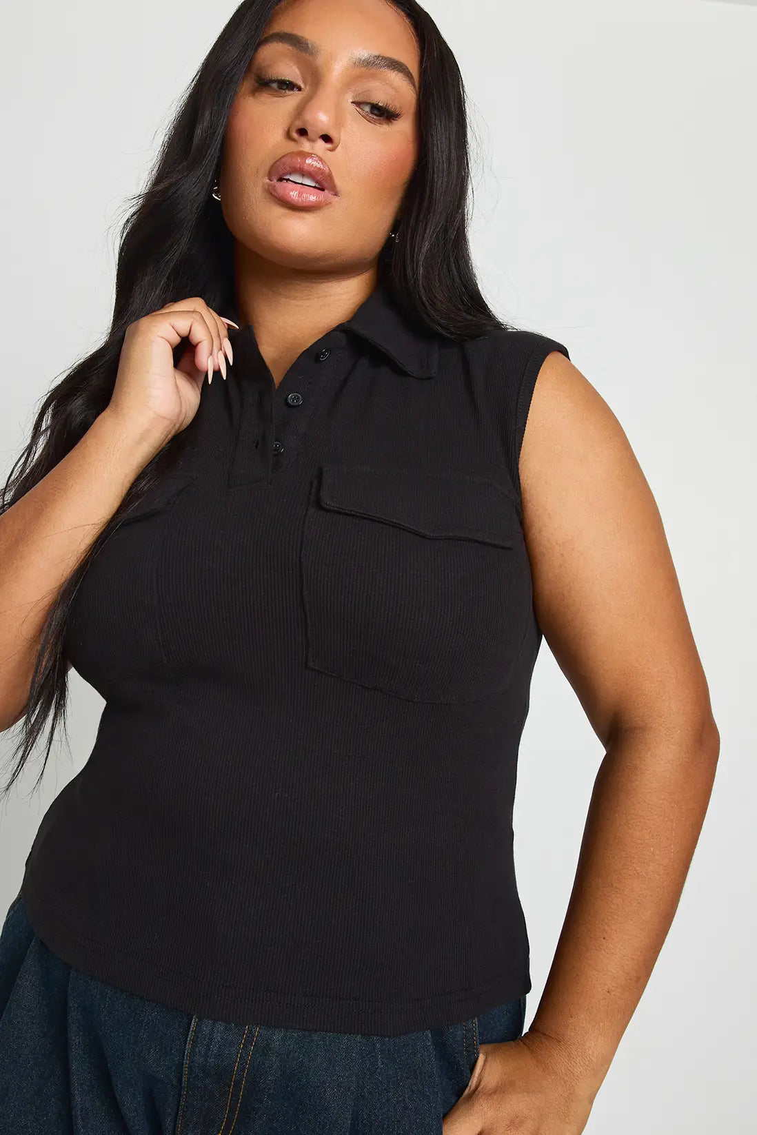 boohoo Plus Collared Utility Rib Top