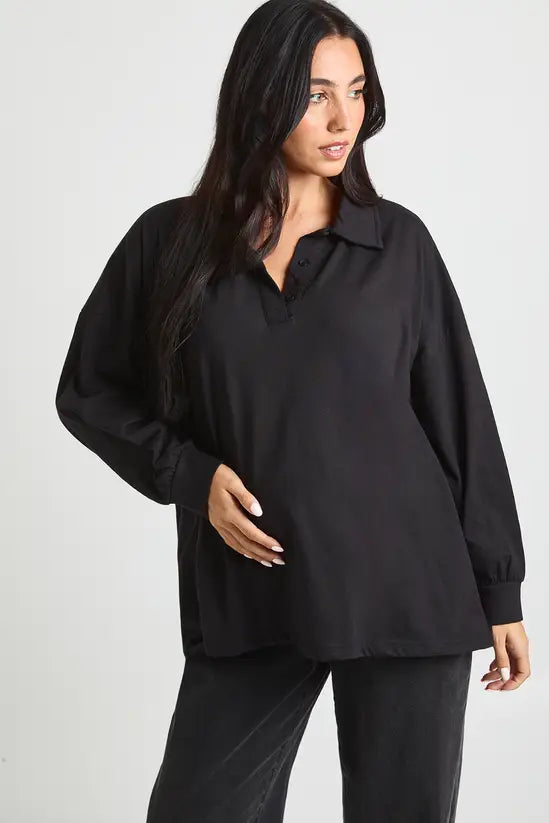 Boohoo - Maternity Heavy Cotton Button Detail Collared Rugby Top