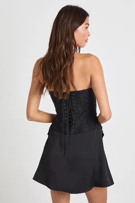boohoo Textured Sheer Floral Lace Corset Drape Mini Dress