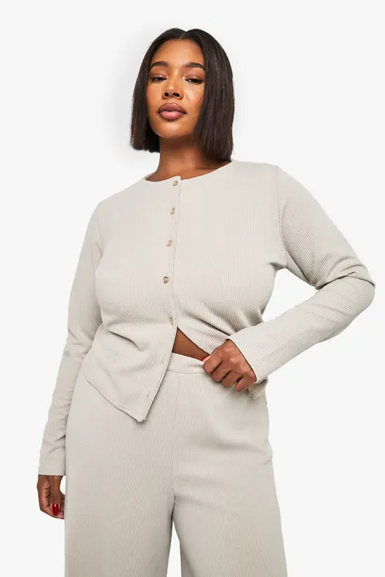 boohoo Plus Rib Button Trouser Co-Ord