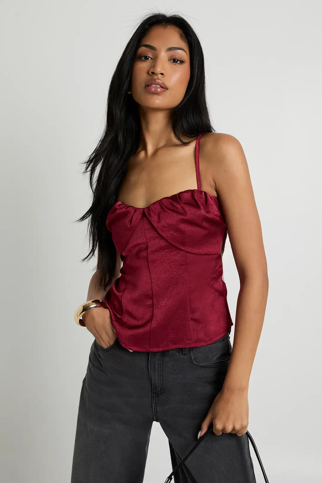 boohoo Textured Satin Ruched Cami Top