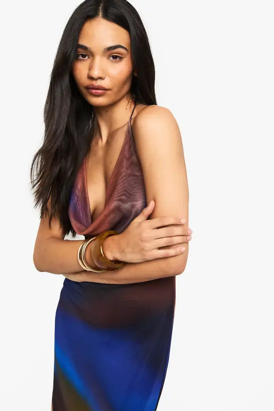 Boohoo Mesh Print Cowl Maxi Dress