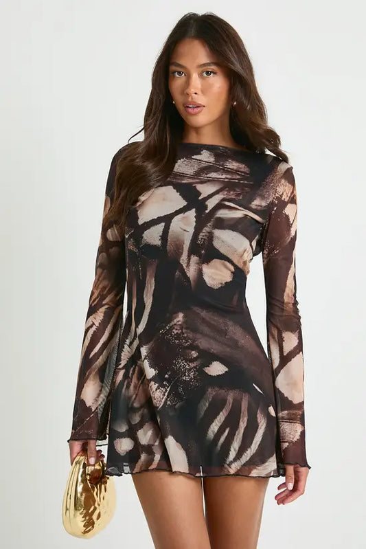 boohoo Abstract Mesh Flare Sleeve Mini Dress