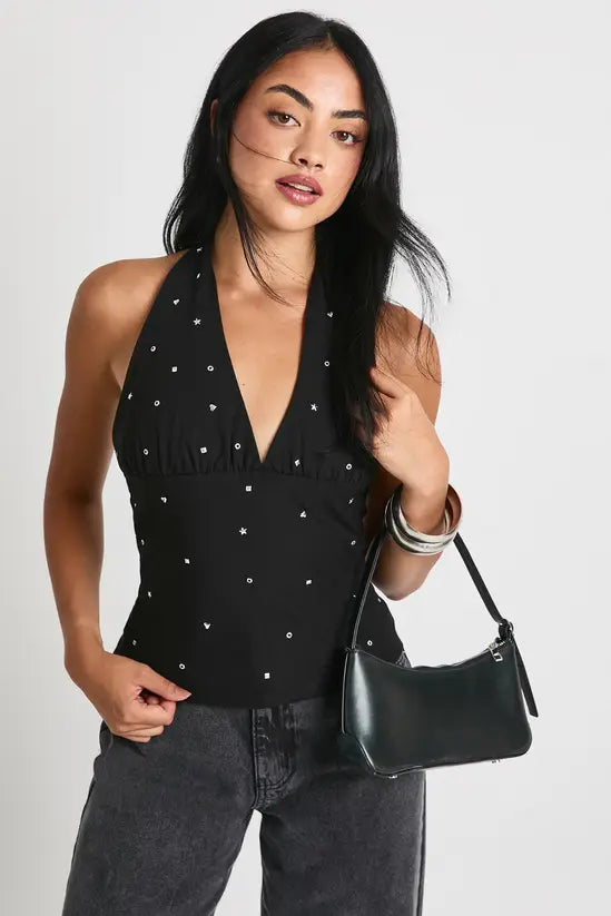 Boohoo Halterneck Multi Stud Detail Top