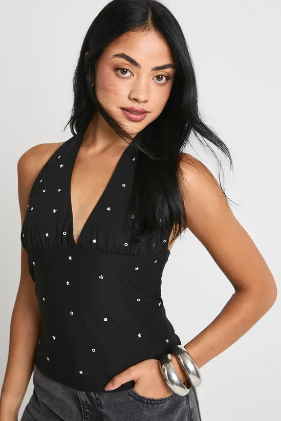 Boohoo Halterneck Multi Stud Detail Top