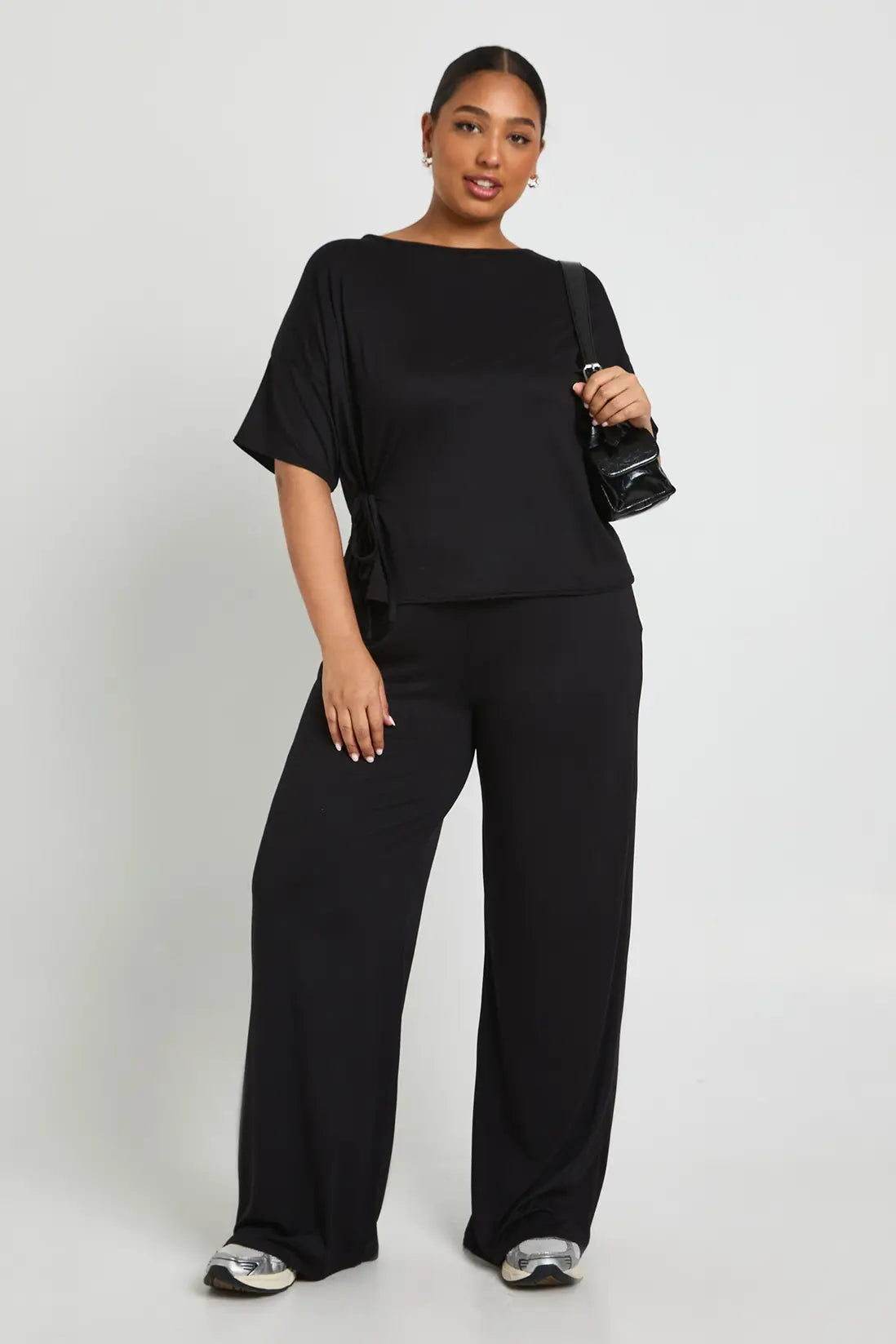 boohoo Plus Side Tie Detail T shirt And Wide Leg Trouser & Top SET