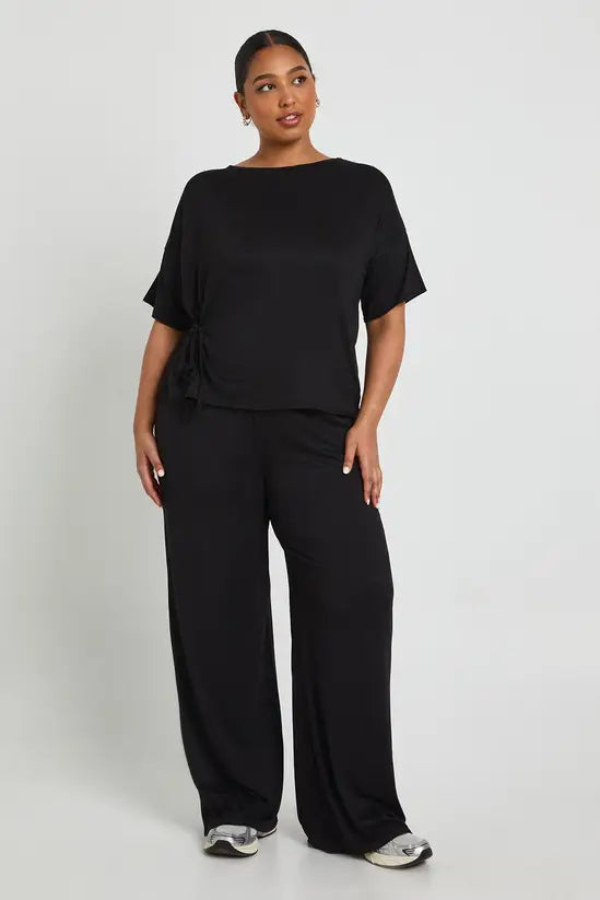 boohoo Plus Side Tie Detail T shirt And Wide Leg Trouser & Top SET
