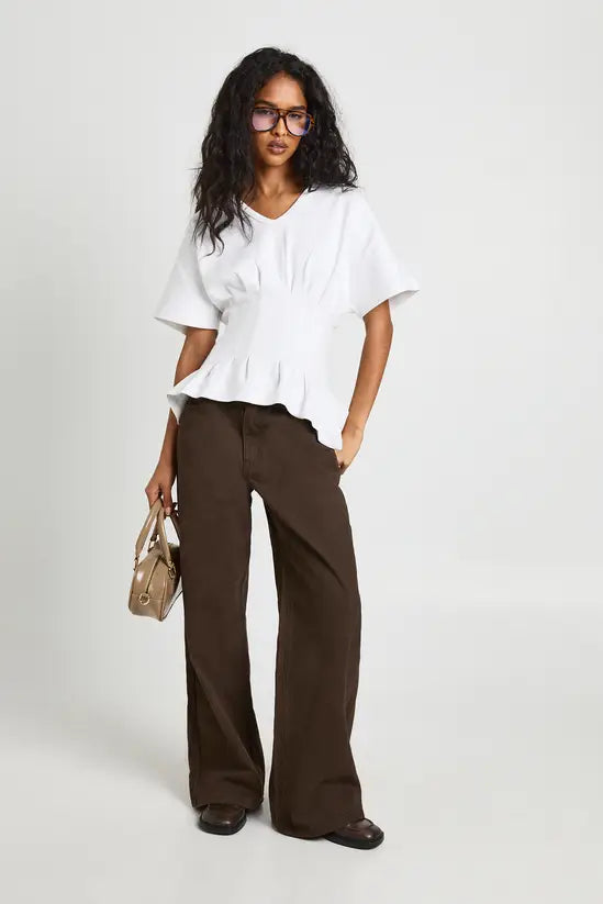 boohoo Interlock V Neck Cinched Waist Peplum T-Shirt