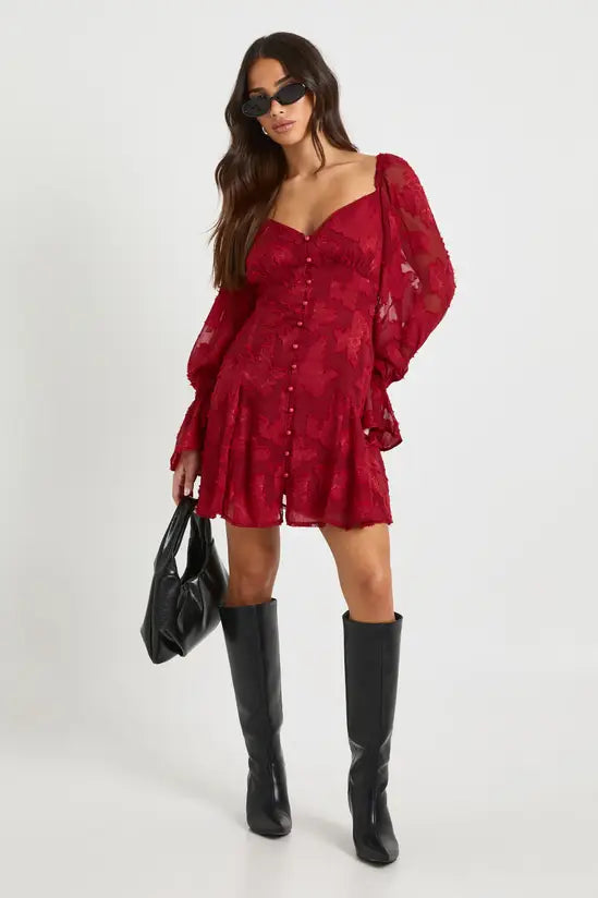 boohoo Petite Burnout Floral Godet Hem Mini Dress