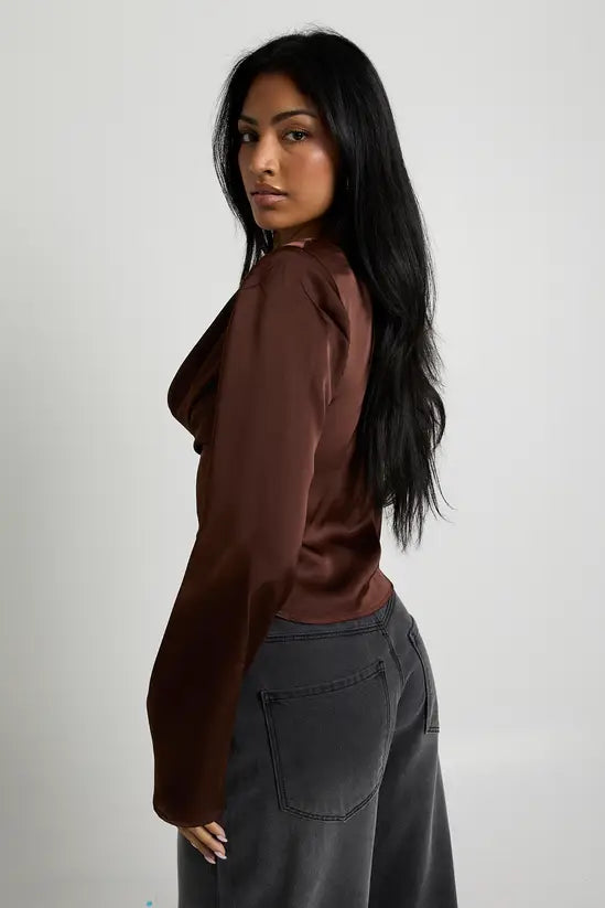 boohoo Long Sleeve Satin Cowl Neck Top