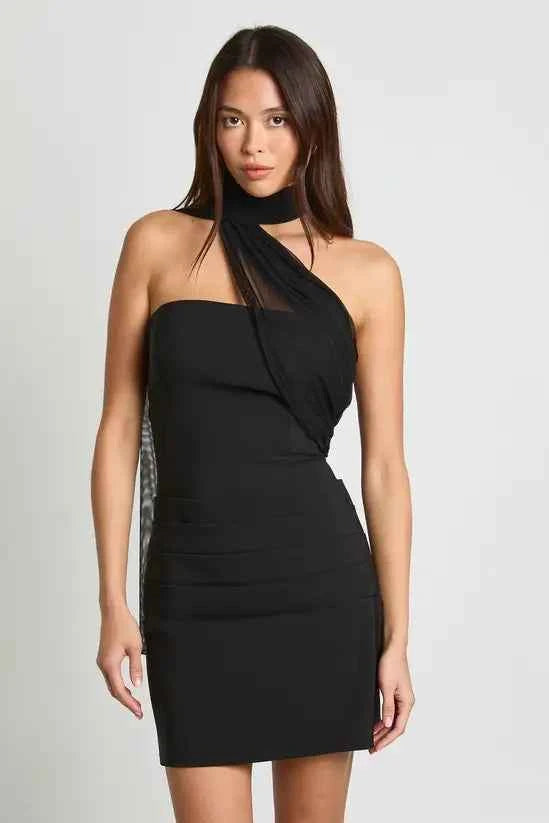 boohoo Mesh Fabric Mix Draped Mini Dress