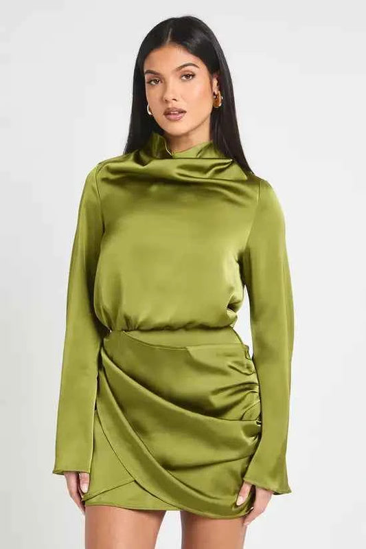 Boohoo Satin High Cowl Wrap Mini Dress