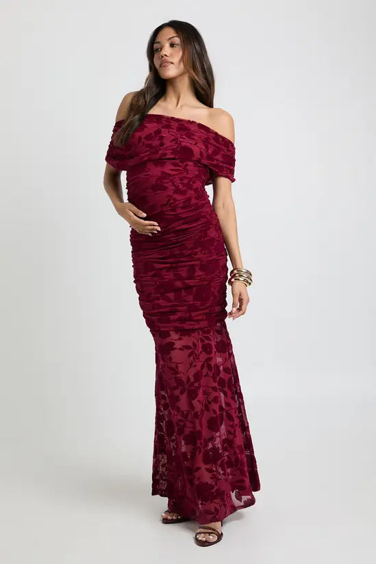 Boohoo - Maternity Devore Asymmetric Neckline Sheer Skirt Maxi Dress