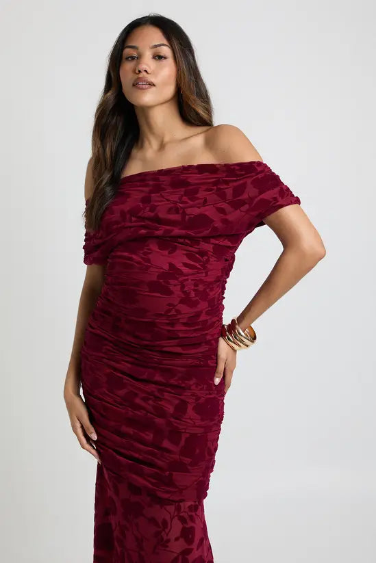 Boohoo - Maternity Devore Asymmetric Neckline Sheer Skirt Maxi Dress