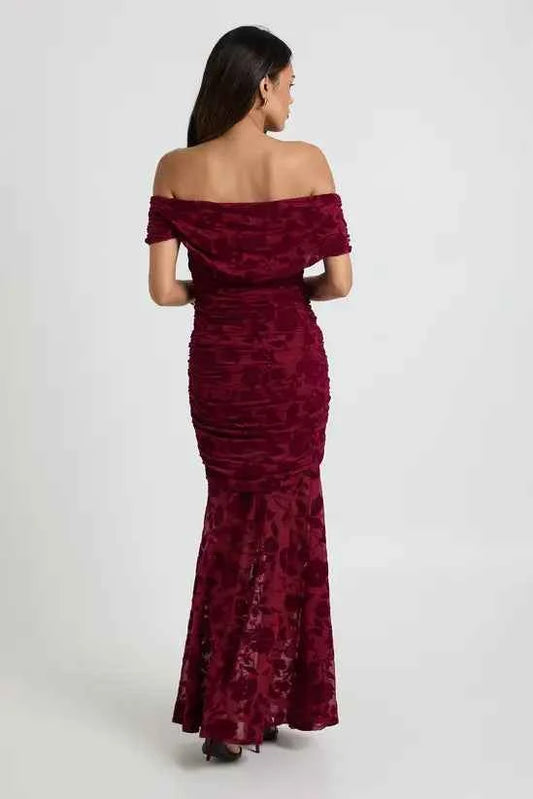 Boohoo - Maternity Devore Asymmetric Neckline Sheer Skirt Maxi Dress