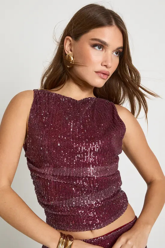 boohoo Sequin Ruched Side Sleeveless Tank Top
