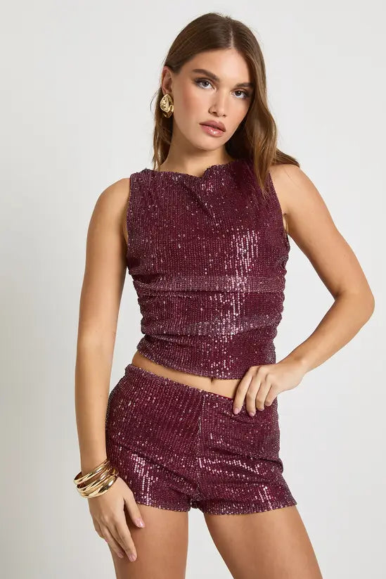 boohoo Sequin Ruched Side Sleeveless Tank Top