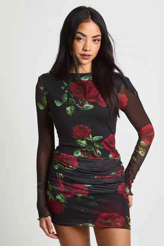 boohoo Petite Rose Printed Mesh Drape Waist Mini Dress