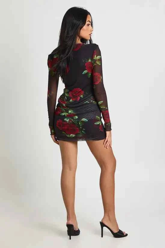 boohoo Petite Rose Printed Mesh Drape Waist Mini Dress