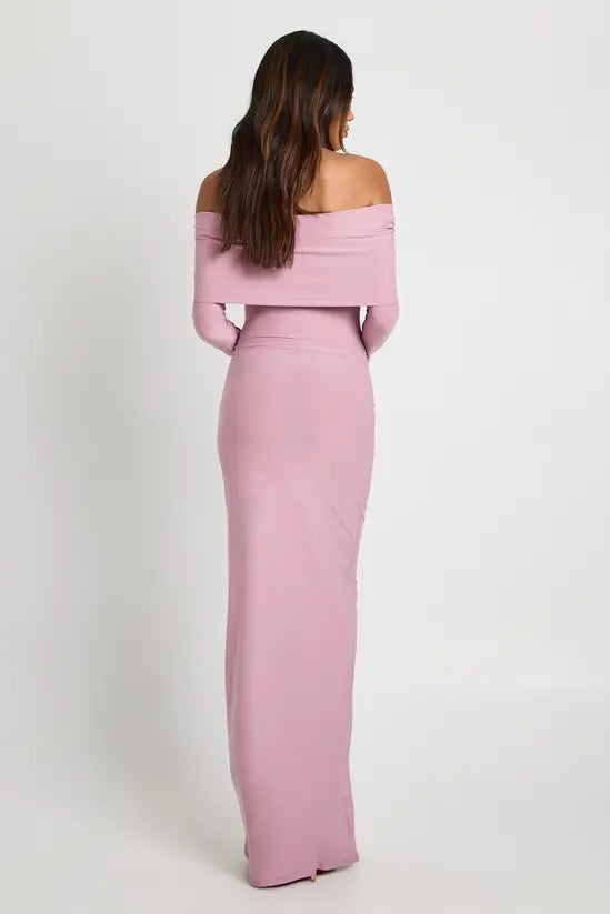 boohoo Maternity Bardot Ruched Flare Sleeve Maxi Dress