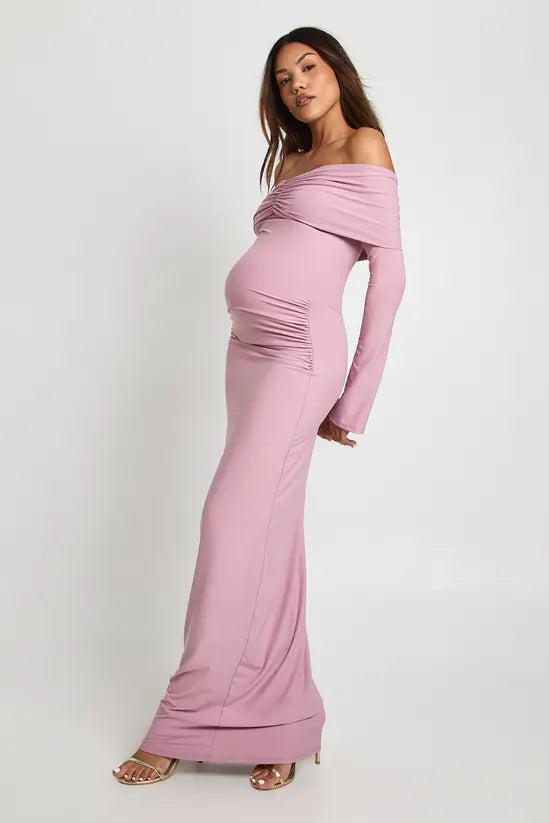 boohoo Maternity Bardot Ruched Flare Sleeve Maxi Dress