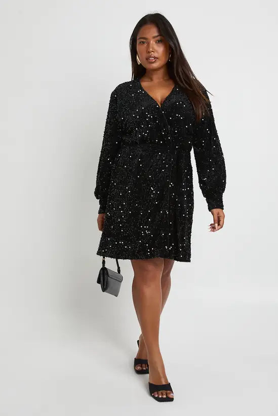 boohoo Plus Velvet Sequin Wrap Mini Dress