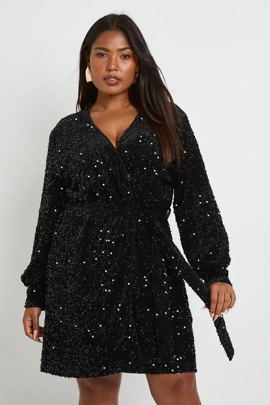 boohoo Plus Velvet Sequin Wrap Mini Dress