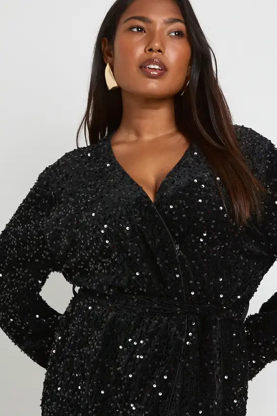boohoo Plus Velvet Sequin Wrap Mini Dress