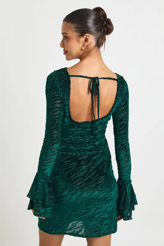 boohoo Devore Flare Sleeve Open Back Mini Dress